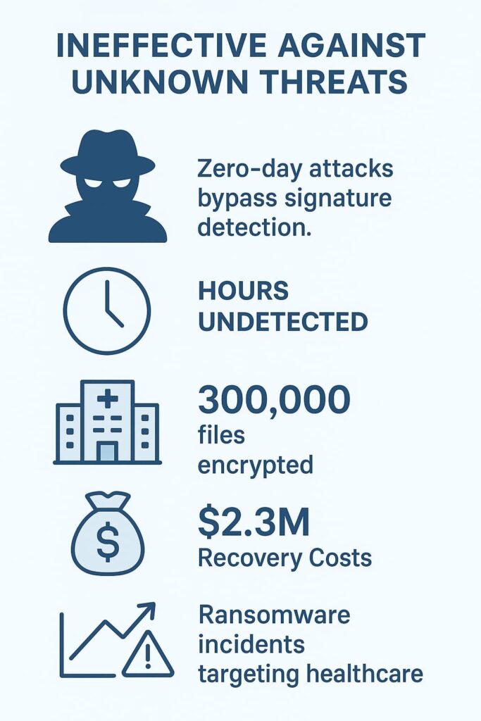 Infographic highlighting the challenges of defending against zero-day attacks and the significant impact of ransomware incidents on healthcare.