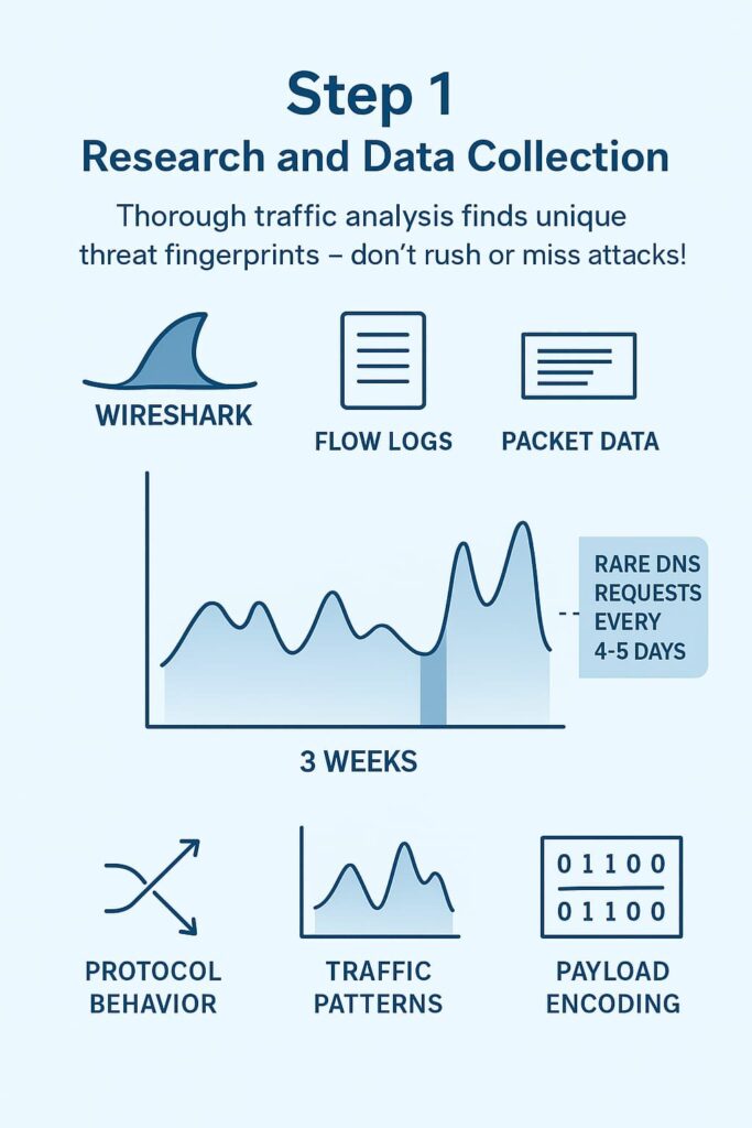 Cybersecurity workflow depicting the process of analyzing network traffic patterns and payload characteristics.