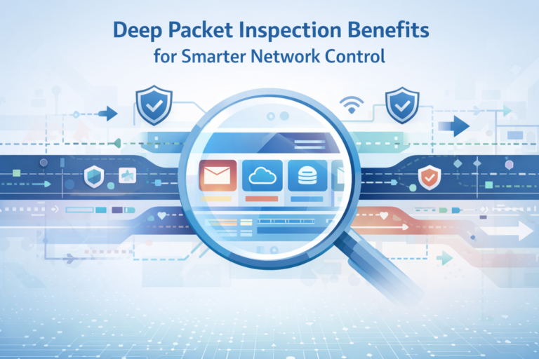 Deep packet inspection benefits visualization showing network traffic analysis with magnifying glass and security shields