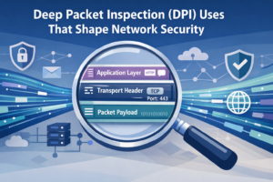 Deep Packet Inspection (DPI) Uses magnified view showing application layer, transport header, and payload analysis