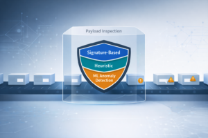 Security shield with three layers for detecting threats within packet payloads inspecting network traffic data.