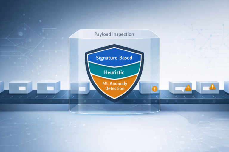 Security shield with three layers for detecting threats within packet payloads inspecting network traffic data.