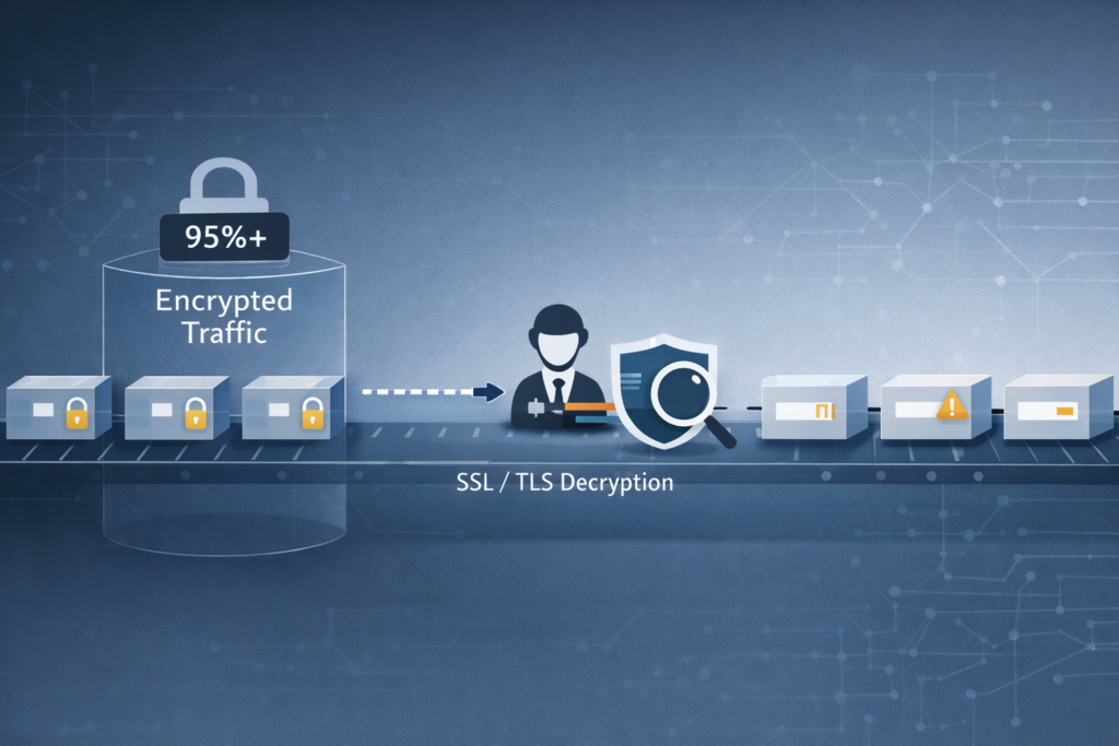 SSL/TLS decryption process enabling detecting threats within packet payloads from encrypted network traffic.