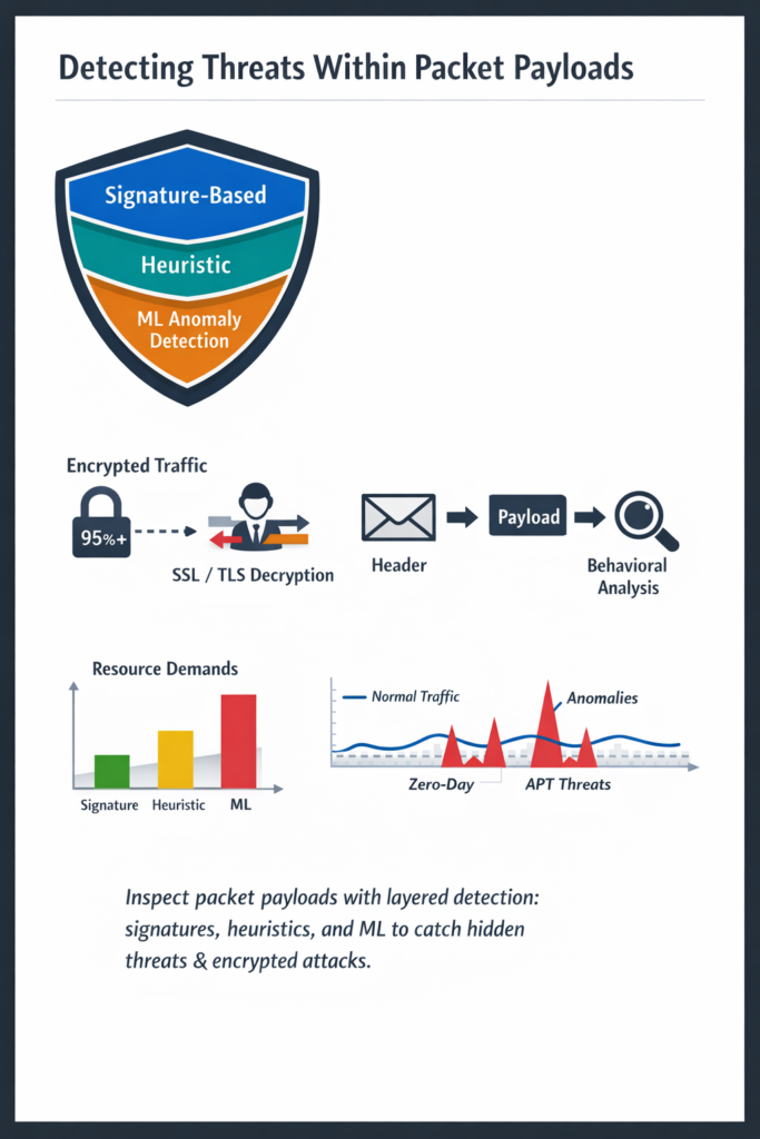 Layered shield diagram showing signature-based, heuristic, and ML methods for detecting threats within packet payloads.