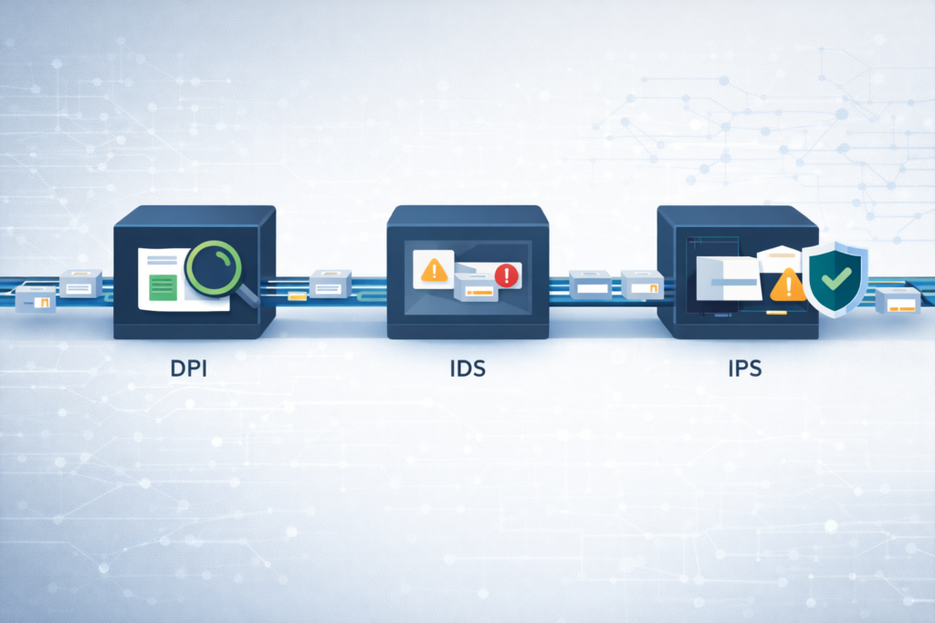 Three network security systems (DPI, IDS, IPS) for detecting threats within packet payloads in data streams.