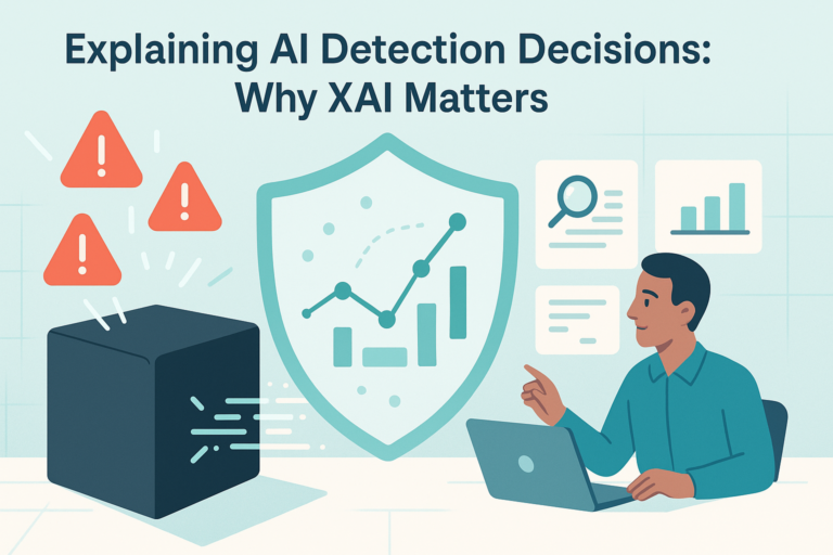 Analyst reviewing explaining AI detection decisions XAI with security shield, alerts, and data analytics dashboard.