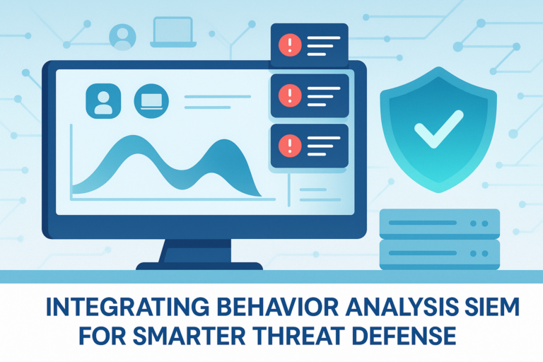 Integrating behavior analysis SIEM dashboard showing security alerts, user activity graphs, and shield protection icon. 