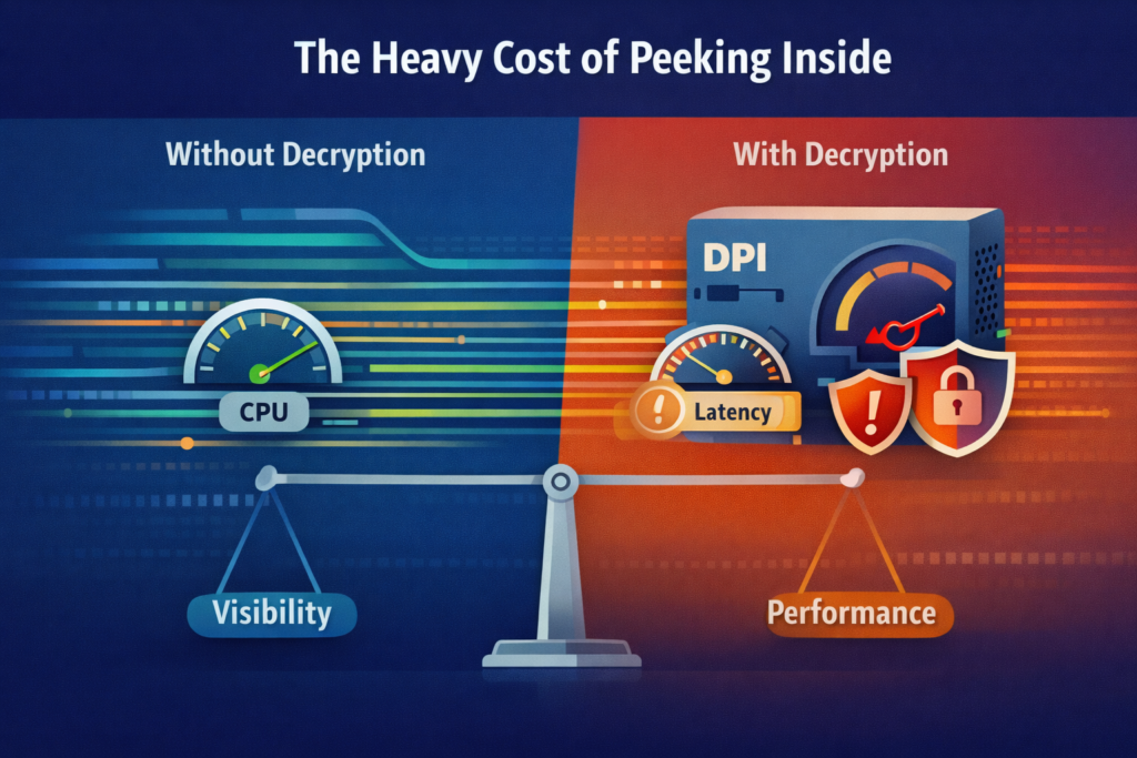 Balance scale comparing limitations of DPI encrypted traffic: visibility and CPU usage versus latency and performance costs.