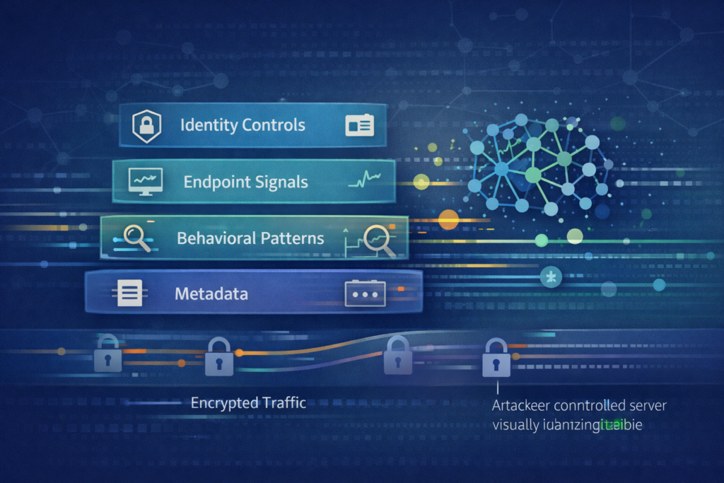 Network security layers showing limitations of DPI encrypted traffic with metadata, behavioral patterns, and endpoint analysis.