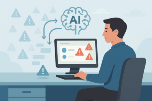 Security analyst using AI system for reducing false positives with AI by filtering alerts on computer screen.