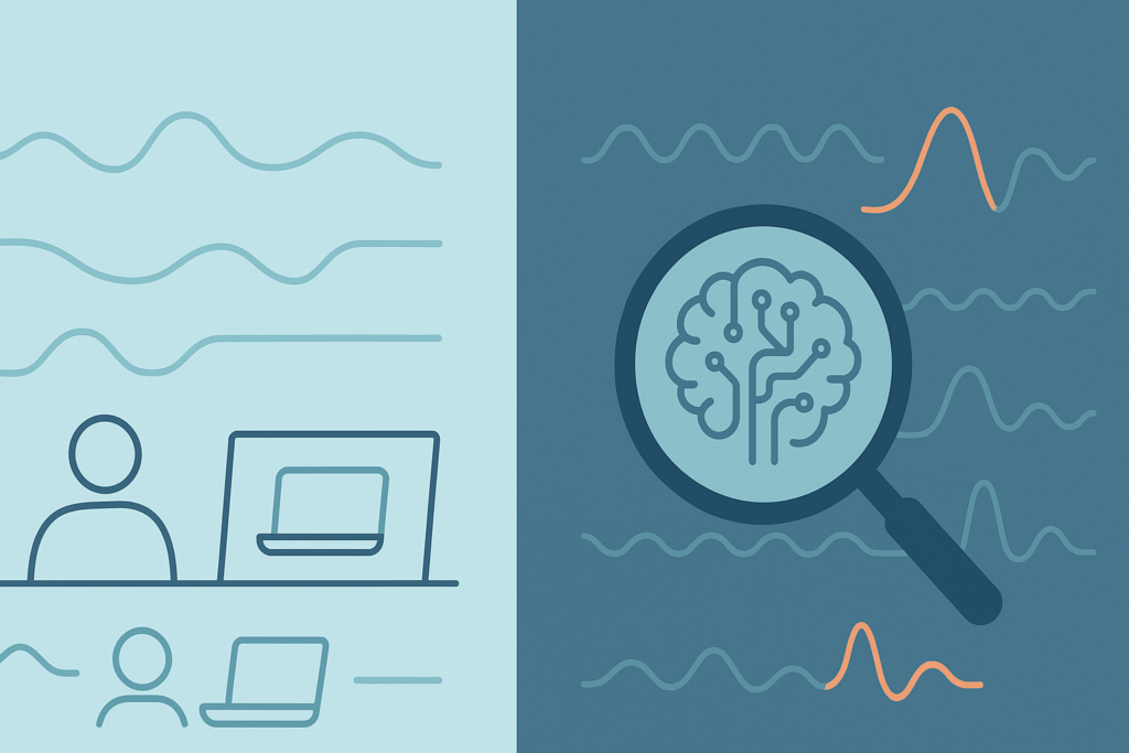 AI brain under magnifying glass analyzing data patterns for reducing false positives with AI in threat detection.