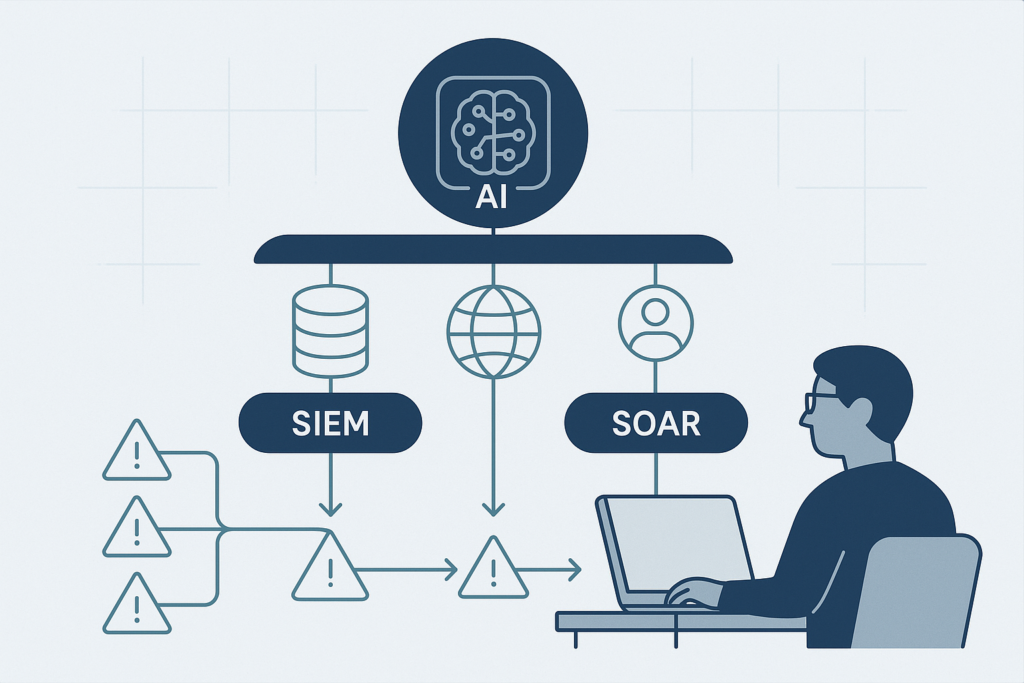 AI-powered SIEM and SOAR integration workflow diagram showing reducing false positives with AI through alert filtering.