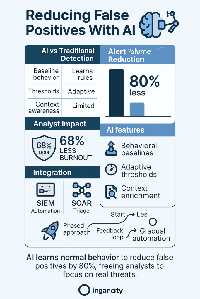 Infographic showing AI detection methods and benefits for reducing false positives with AI in cybersecurity systems.