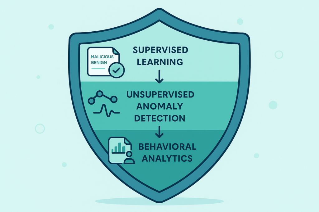 Supervised learning threat detection shield showing three-layer security approach with anomaly and behavioral analysis
