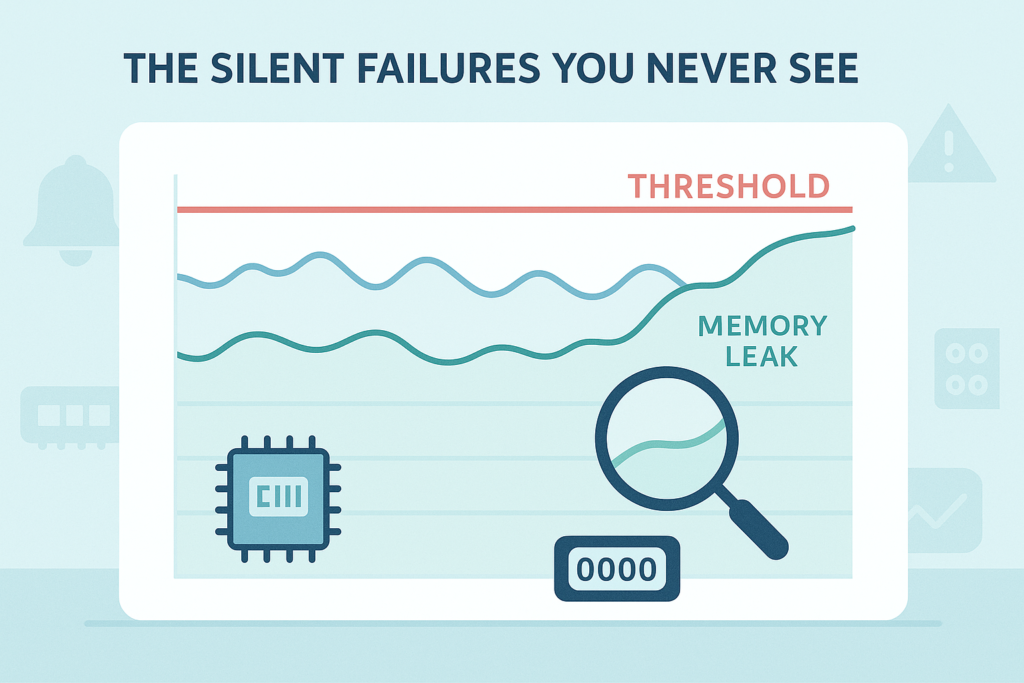 Graph showing memory leak under threshold line illustrating threshold based alerting limitations in system monitoring