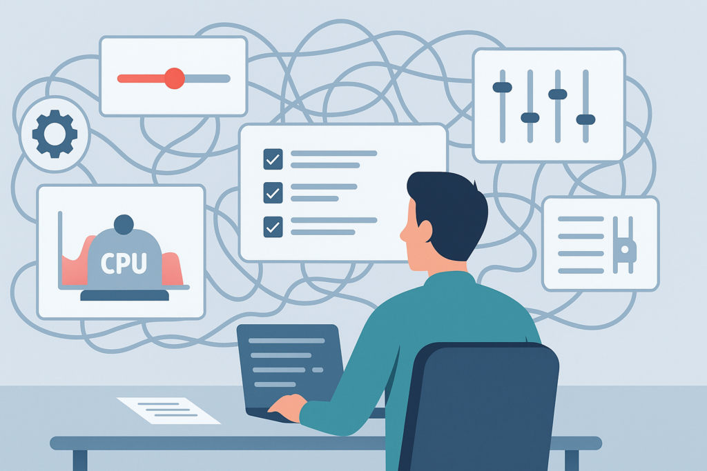 Person managing complex monitoring dashboard showing threshold based alerting limitations with multiple configuration panels