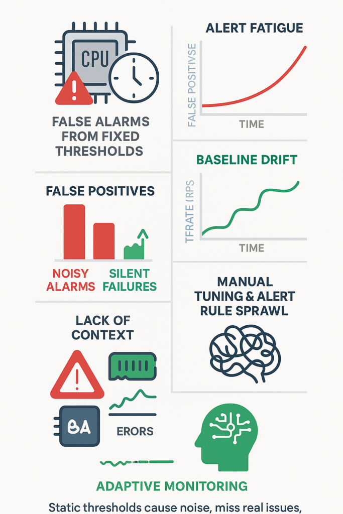 Infographic showing threshold based alerting limitations with charts, icons, and brain imagery comparing static and adaptive methods