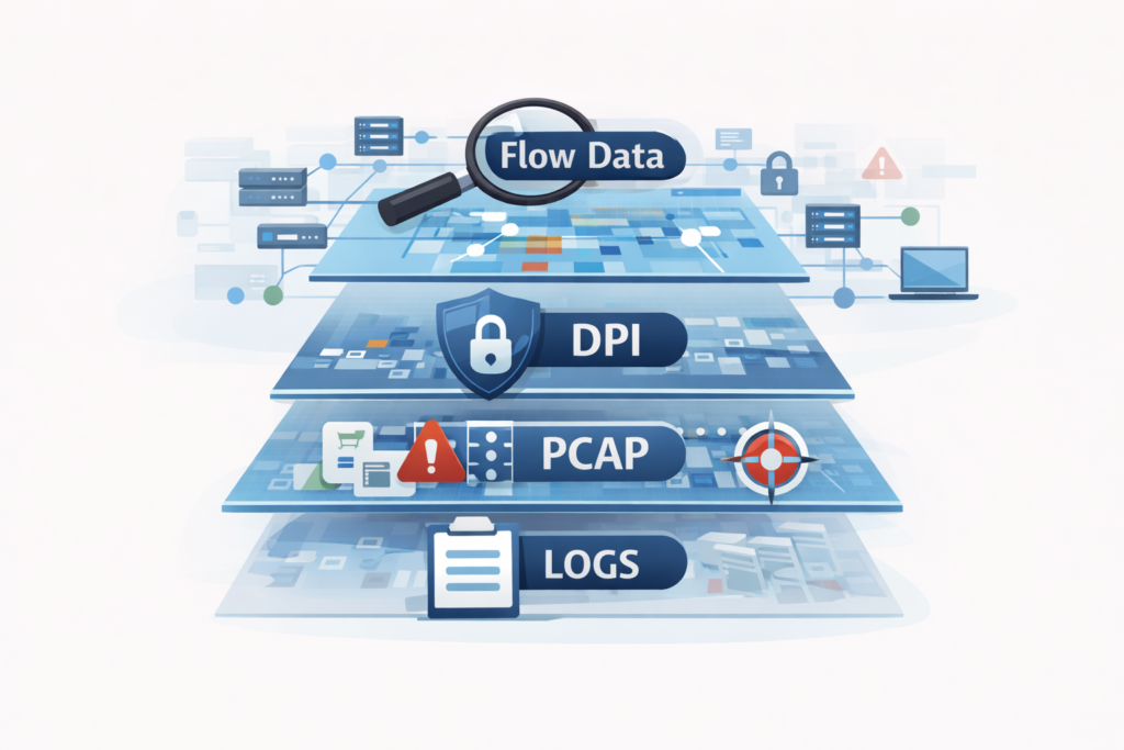 Layered network security stack showing flow data, DPI, PCAP, and logs addressing limitations of network flow data alone.