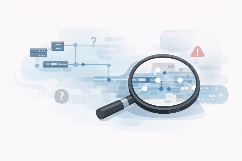 Magnifying glass over network infrastructure with question marks illustrating limitations of network flow data visibility.
