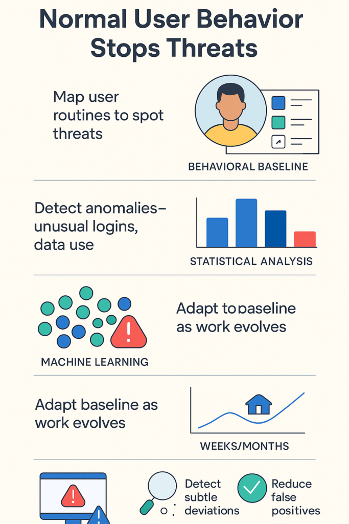 User behavior analysis dashboard showing baseline patterns, statistical anomalies, and machine learning threat detection system.