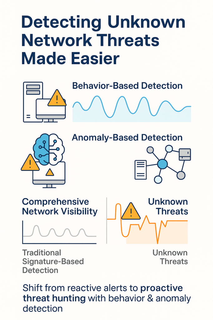 Infographic showing methods for detecting unknown network threats using behavior-based and anomaly-based detection systems.