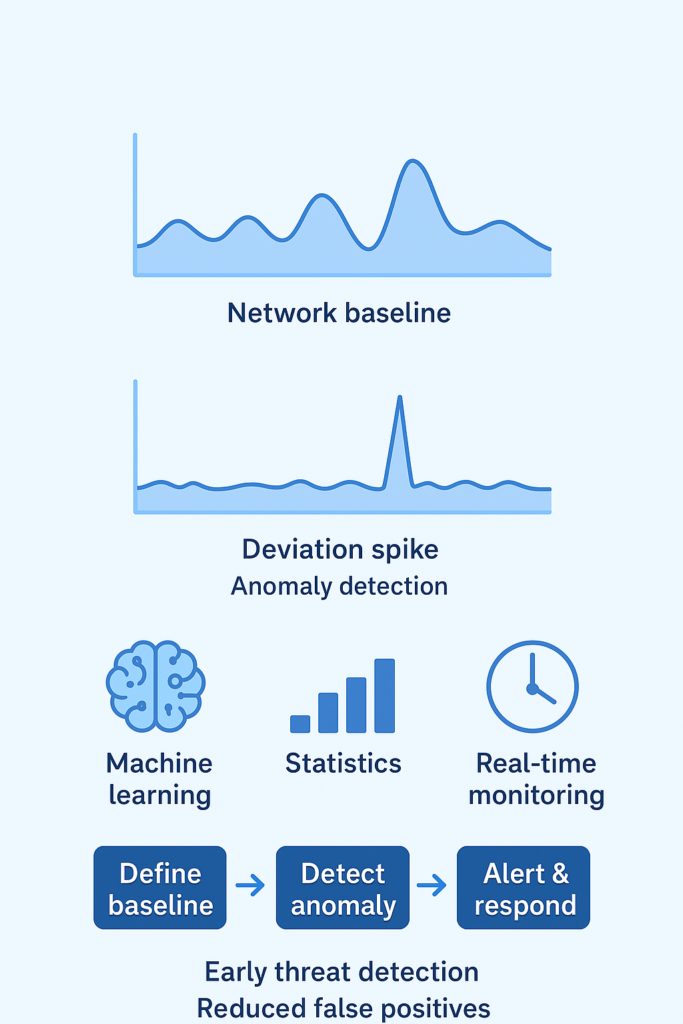 Network monitoring chart showing baseline traffic patterns and anomaly spike for detecting deviations from normal traffic