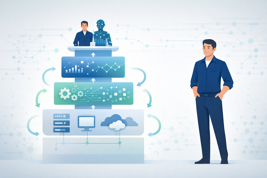 IT professional with layered AI architecture diagram showing future trends AI cybersecurity infrastructure. 