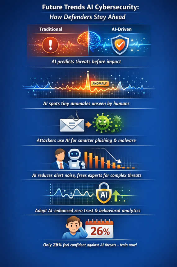 Future trends AI cybersecurity infographic comparing traditional versus AI-driven threat detection methods.