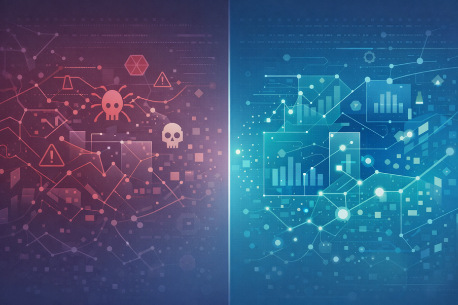 Split screen showing cyber threats versus AI analytics illustrating future trends AI cybersecurity evolution.
