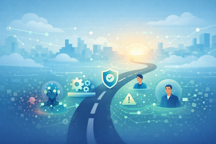 Road to future trends AI cybersecurity with AI systems, security shields, and human oversight protecting networks.