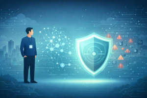 Predictive threat analytics AI visualization showing security professional monitoring digital shield detecting cyber threats