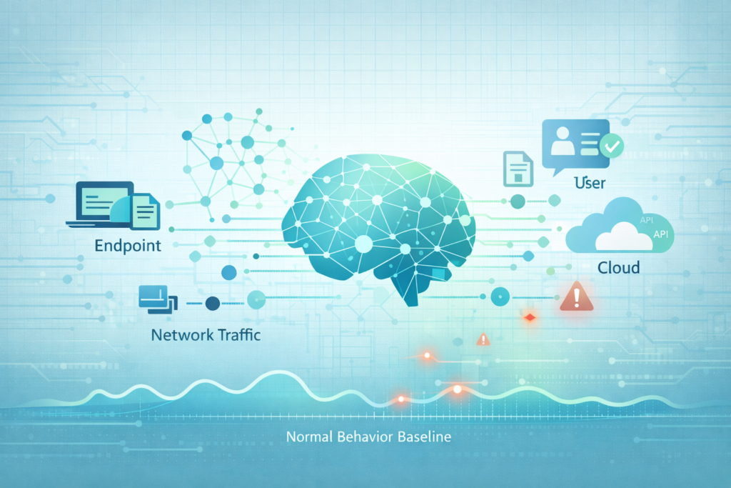 Predictive threat analytics AI brain monitoring endpoint, network traffic, user, and cloud data with behavior baseline