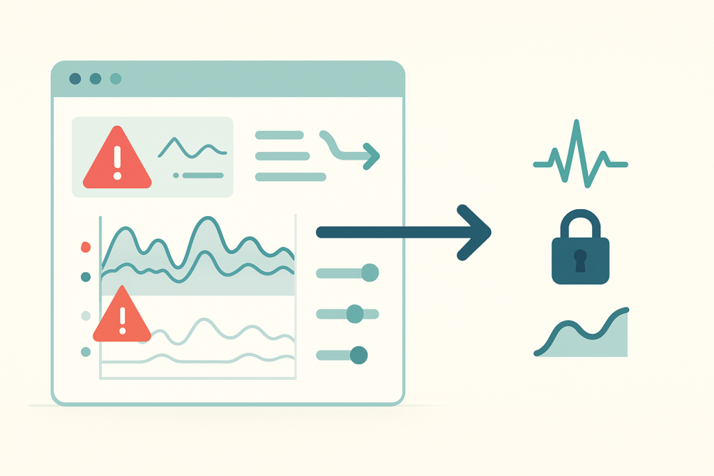 Security dashboard with alert indicators and monitoring graphs for detecting deviations from normal traffic and threats