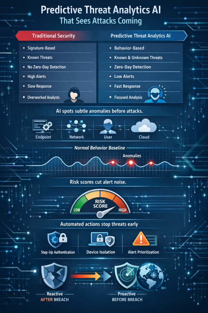 Predictive threat analytics AI dashboard comparing traditional security with behavior-based detection and automated response systems