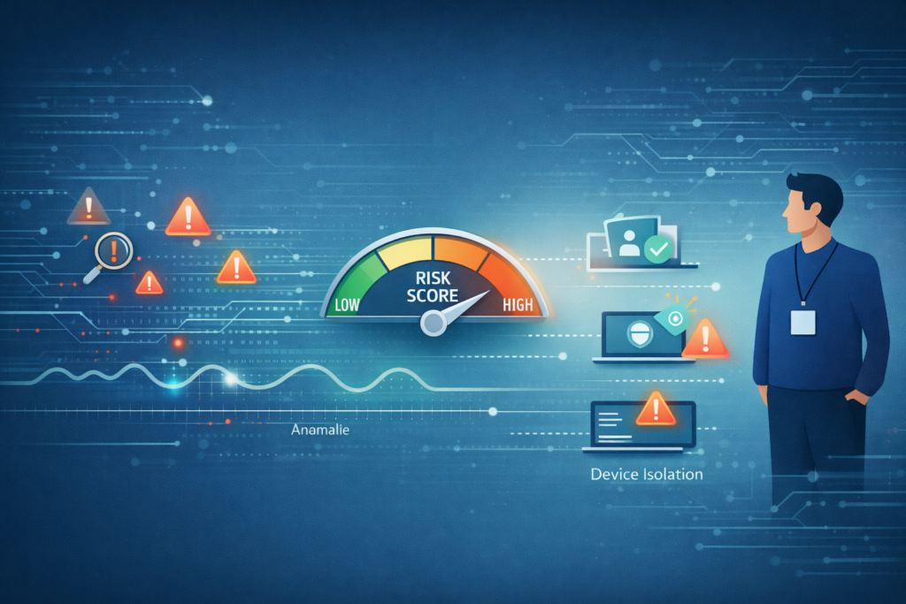 Predictive threat analytics AI system showing risk score gauge, anomaly detection, and automated device isolation response