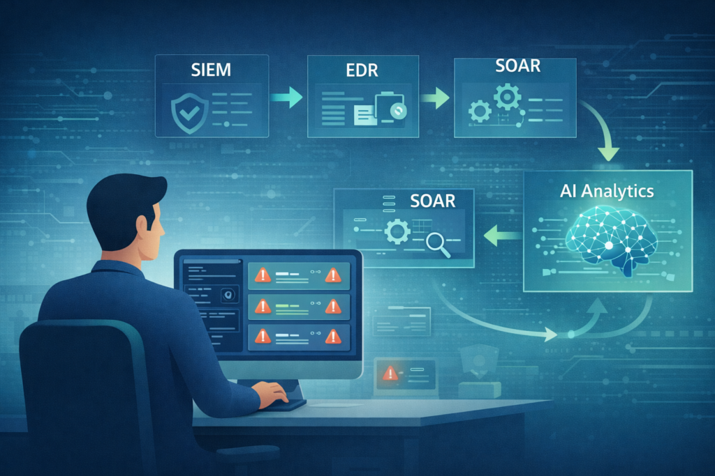 Predictive threat analytics AI integrated with SIEM, EDR, and SOAR platforms for automated security monitoring