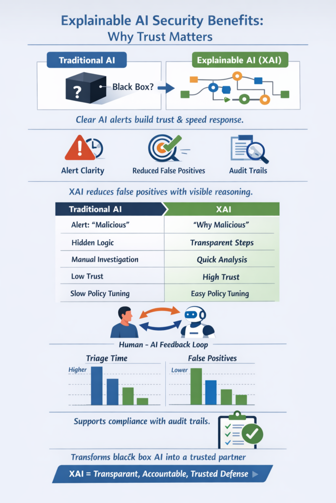 Infographic comparing traditional AI black box to explainable AI security benefits with transparency and trust features.
