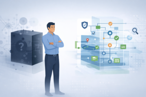 Professional viewing explainable AI security benefits through transparent system architecture versus black box AI model.