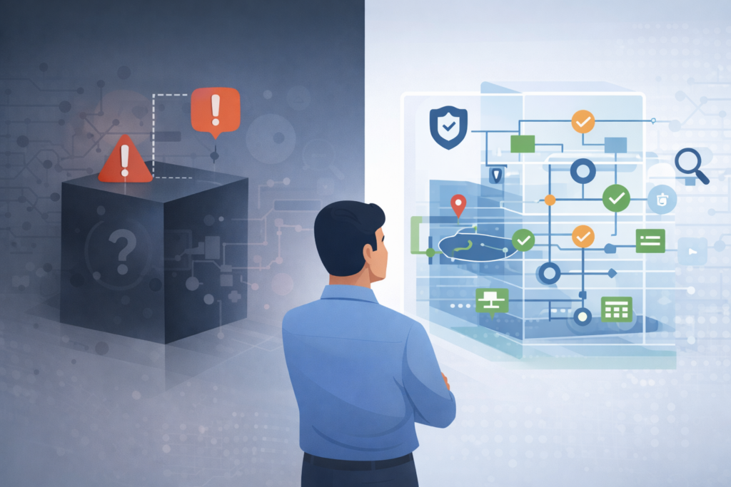 Analyst comparing opaque AI alerts to explainable AI security benefits with transparent decision-making processes.
