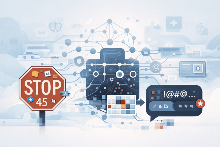 Adversarial AI attack examples: stop sign with stickers fooling neural network into misclassifying traffic signals.