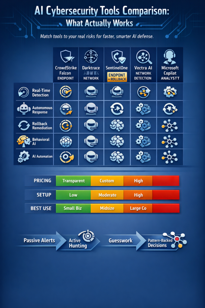 AI cybersecurity tools comparison chart showing features, pricing, and capabilities across major security platforms