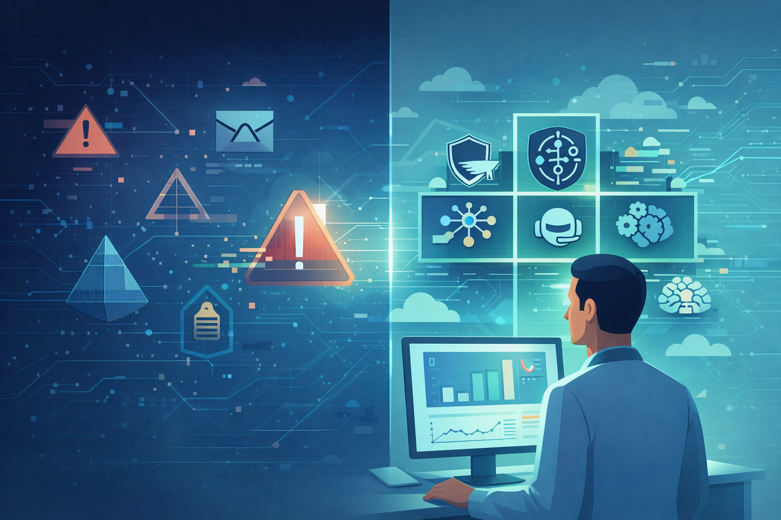 Professional analyzing AI cybersecurity tools comparison dashboard with threat alerts and security solution icons