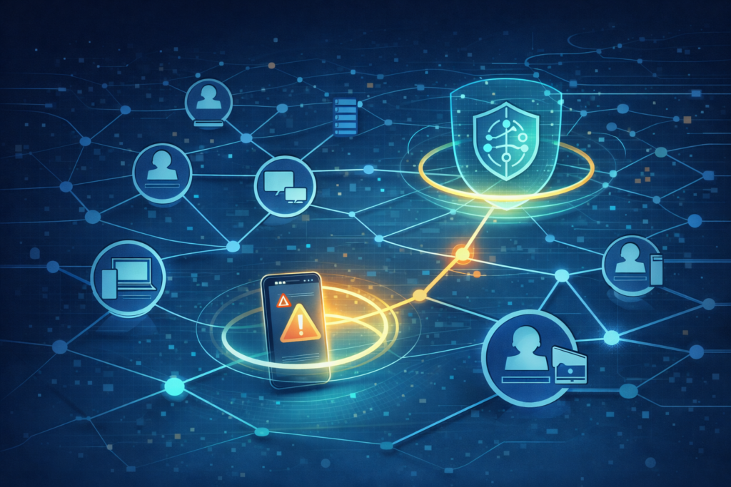 AI cybersecurity tools comparison network showing threat detection across connected devices and user endpoints