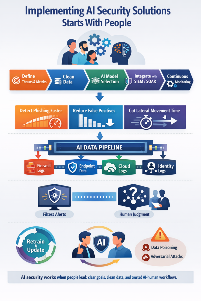 Infographic showing workflow for implementing AI security solutions with data pipeline, monitoring, and human oversight integration.