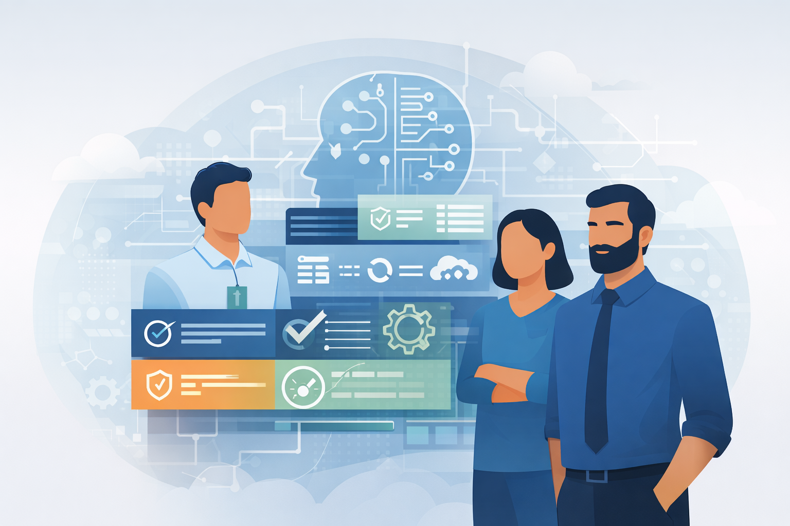 Team collaborating on implementing AI security solutions with digital dashboard displaying security metrics and analytics.
