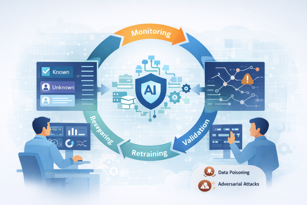 Analyst implementing AI security solutions comparing supervised and unsupervised learning methods for threat detection.