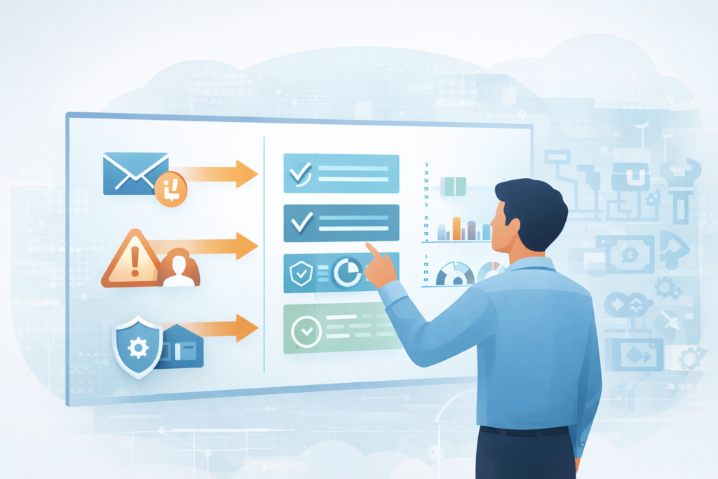 Security analyst implementing AI security solutions on interactive dashboard with threat detection and monitoring workflows.