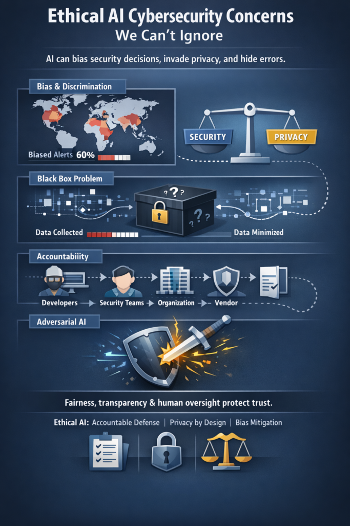 Infographic showing ethical AI cybersecurity concerns including bias, privacy issues, black box problems, and accountability challenges in security systems.