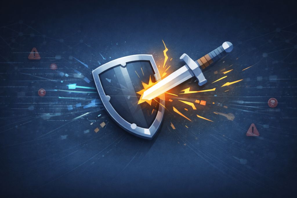 Shield blocking sword attack illustrating ethical AI cybersecurity concerns with warning symbols and digital threats.