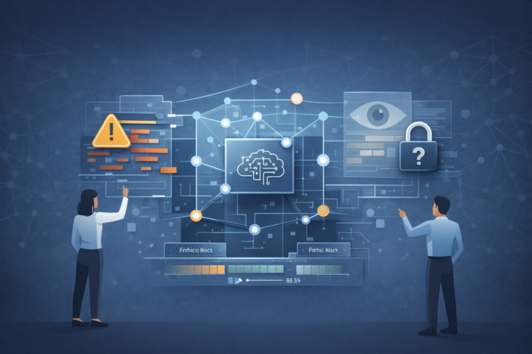 Two professionals analyzing ethical AI cybersecurity concerns dashboard with neural network, warning alerts, and privacy locks.